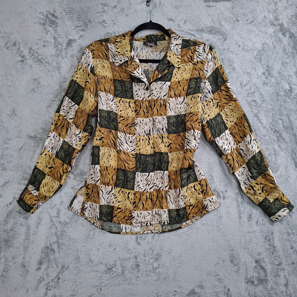 Vtg Stunt Collections Silk Blouse S Abstract Print Long Sleeve Button Up Shirt